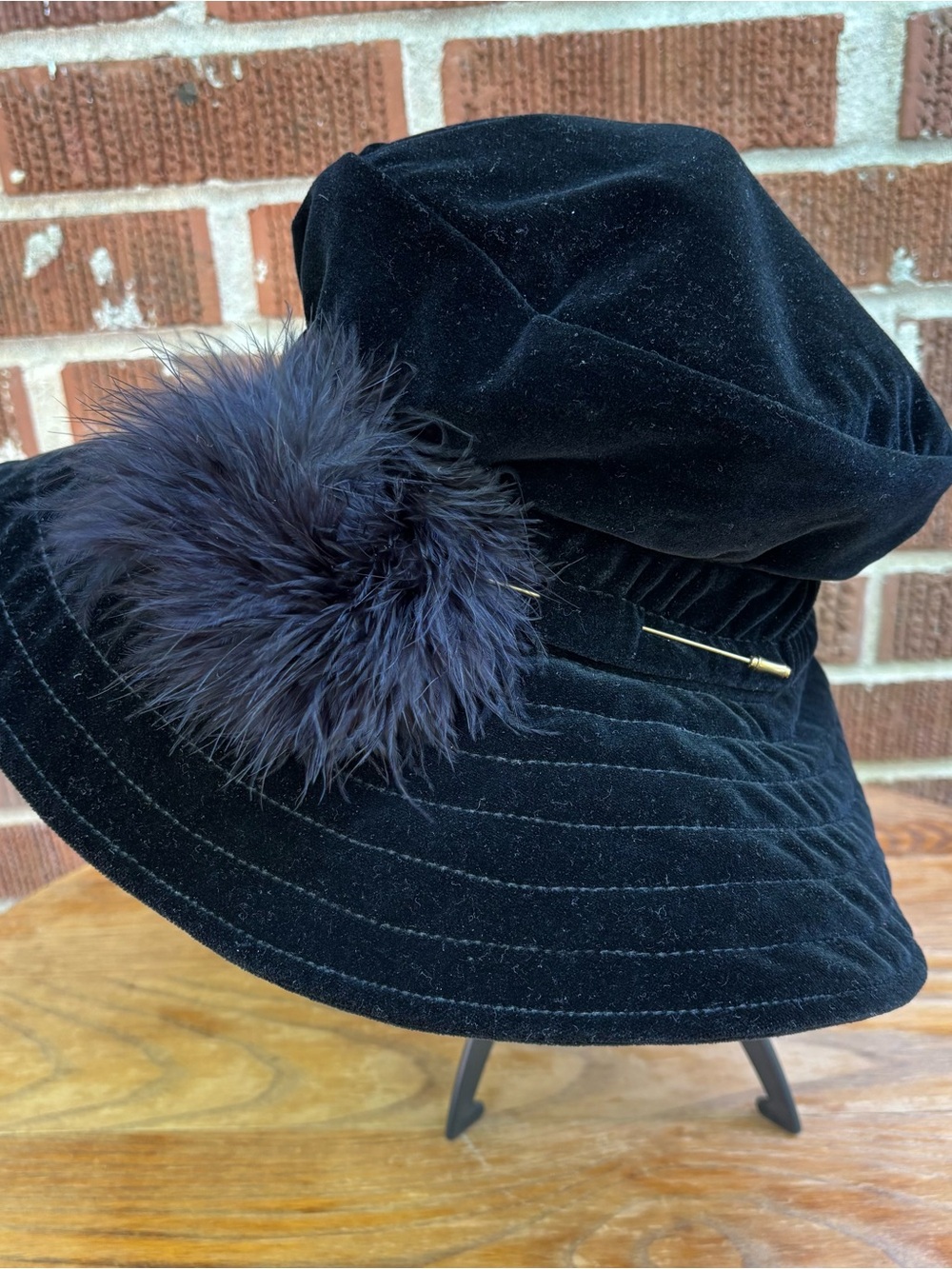 Betmar Black Vintage Velvet Cloche Ruched Bucket Style Feather Pom-Pom Hat
